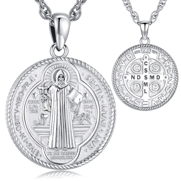 LOOVE Saint Necklace St Benedict Medals Sterling Silver Christian Protection Amulet Necklace St Benedict Necklace for Men Women San Benito Necklace Religious Necklace Protection Pendant Jewelry