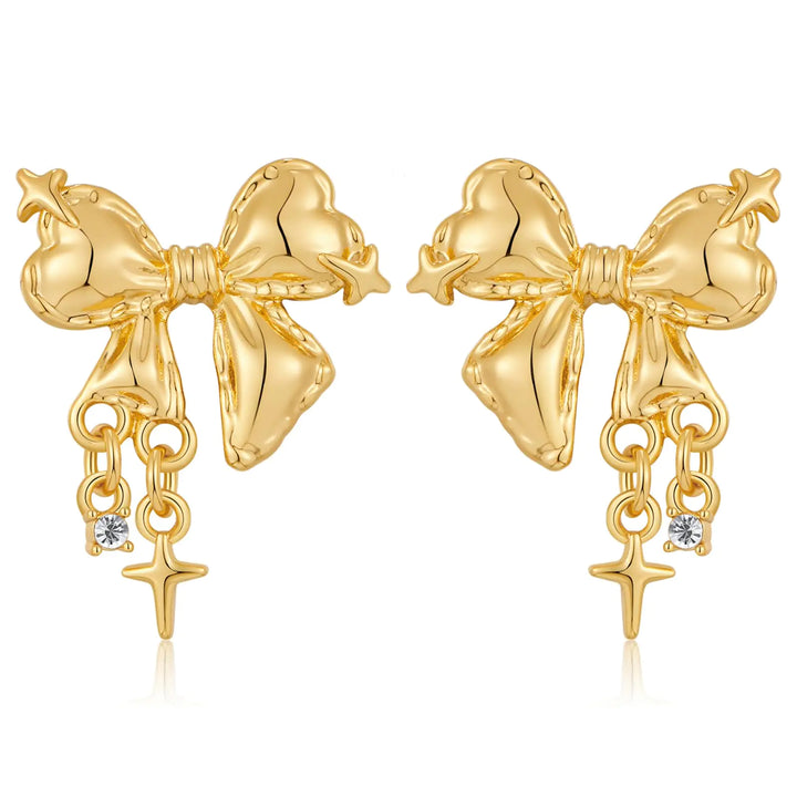 ENSKEFEN Sparkle Gold Bow Earrings for Women Cute Ribbon Bow Earrings Bowknot Stud Earrings Holiday